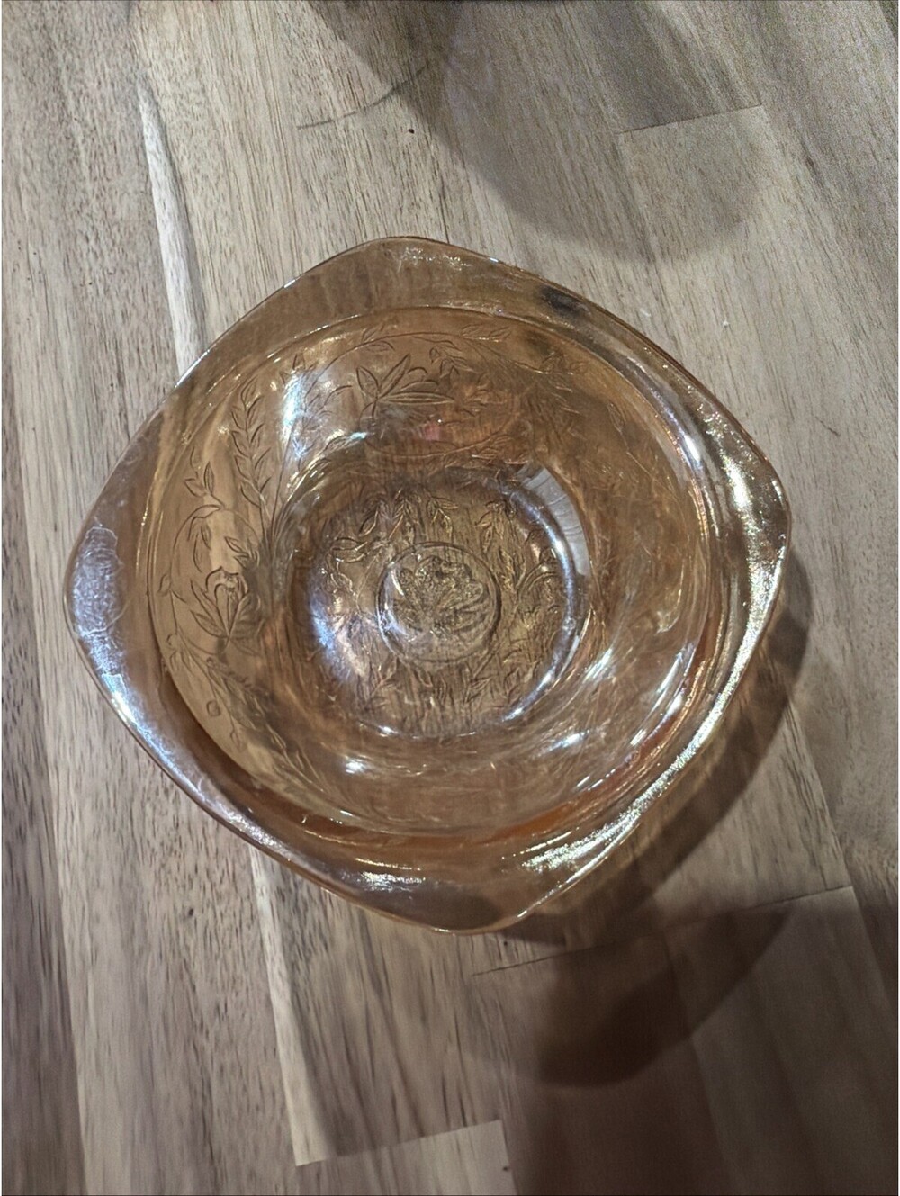 Vintage Amber Glass Decorative Bowl with Floral Engraving